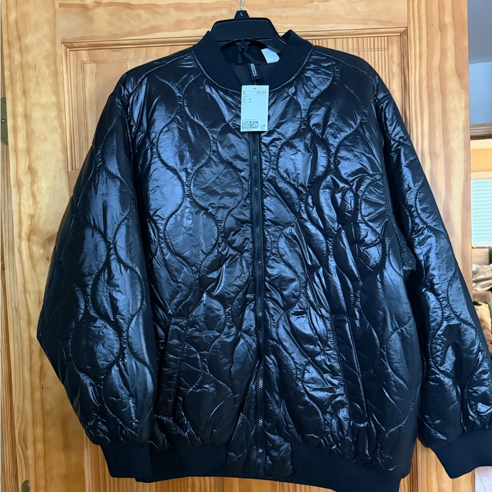 H&M Shiny Black Quilted Bomber Jacket